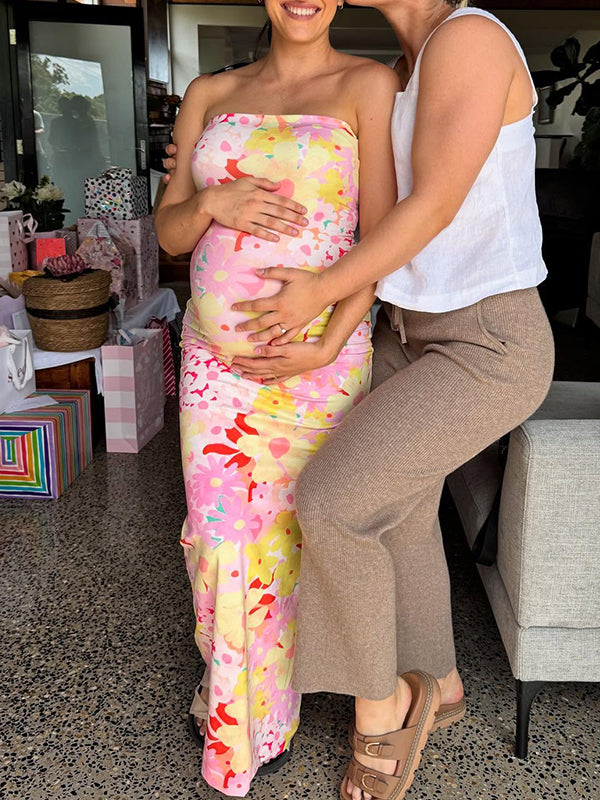 Momsmood  Stamp Duty Bodycon Vacation Beach Baby Shower Maternity Photoshoot Maxi Dress