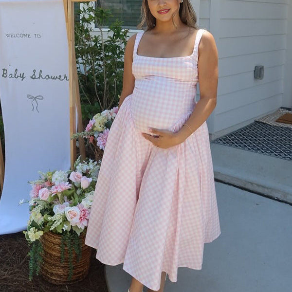 Momsmood Plaid Tank A-line Elegant Maternity Baby Shower Maxi Dress