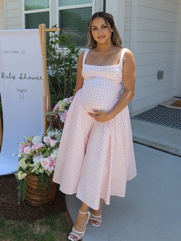 Momsmood Plaid Tank A-line Elegant Maternity Baby Shower Maxi Dress
