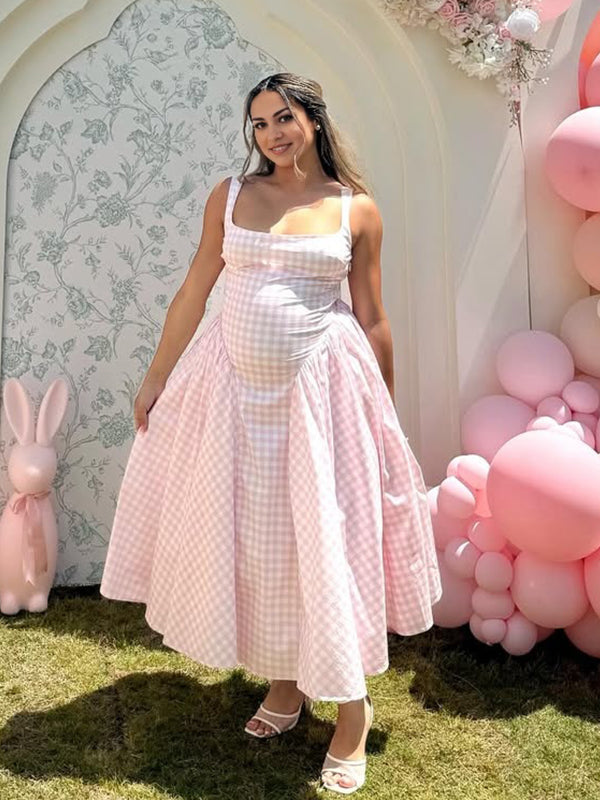 Momsmood Plaid Tank A-line Elegant Maternity Baby Shower Maxi Dress