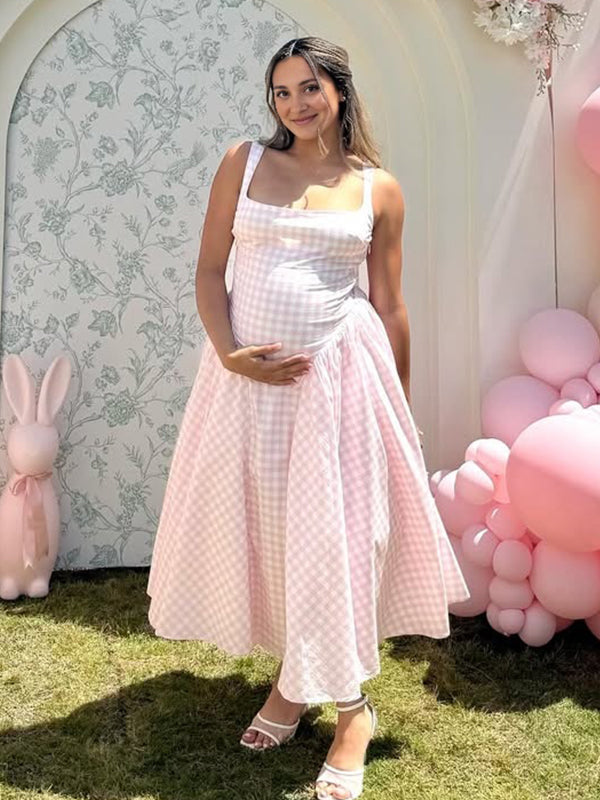 Momsmood Plaid Tank A-line Elegant Maternity Baby Shower Maxi Dress