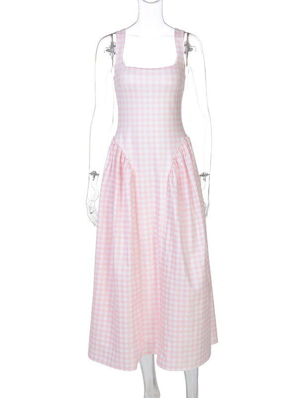 Momsmood Plaid Tank A-line Elegant Maternity Baby Shower Maxi Dress