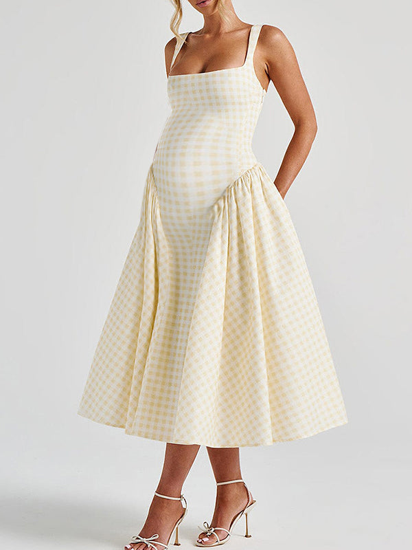 Momsmood Plaid Tank A-line Elegant Maternity Baby Shower Maxi Dress