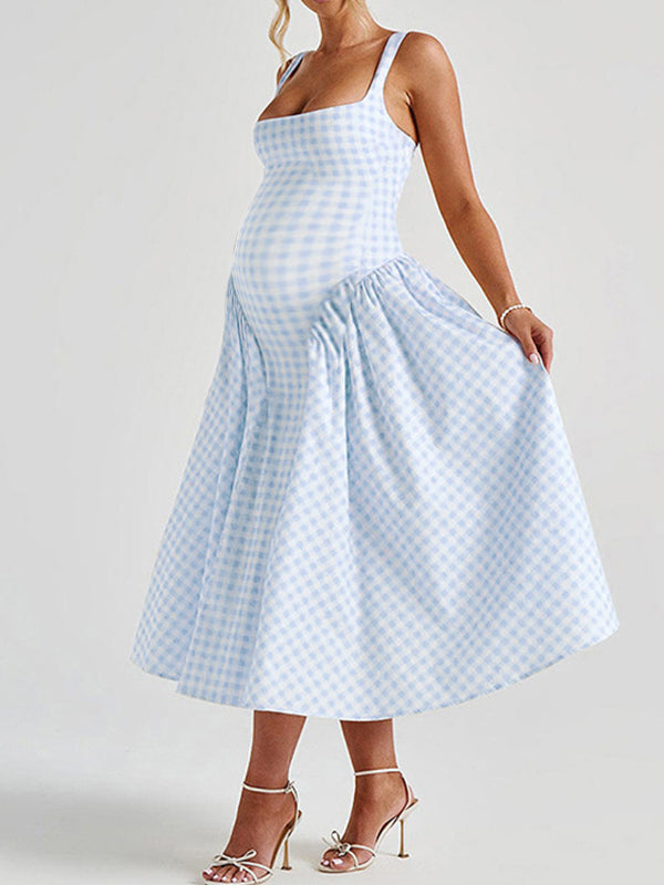 Momsmood Plaid Tank A-line Elegant Maternity Baby Shower Maxi Dress