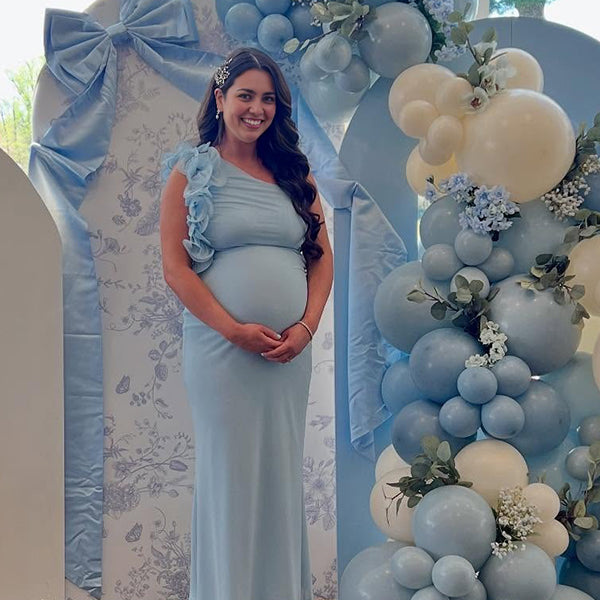 Blue Oblique Shoulder Flower Baby Shower Maternity Maxi Dress