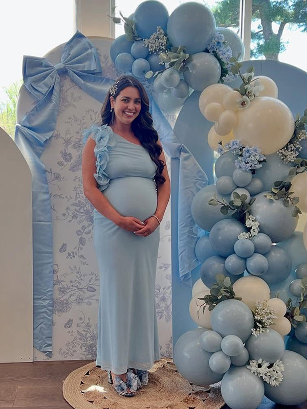 Blue Oblique Shoulder Flower Baby Shower Maternity Maxi Dress