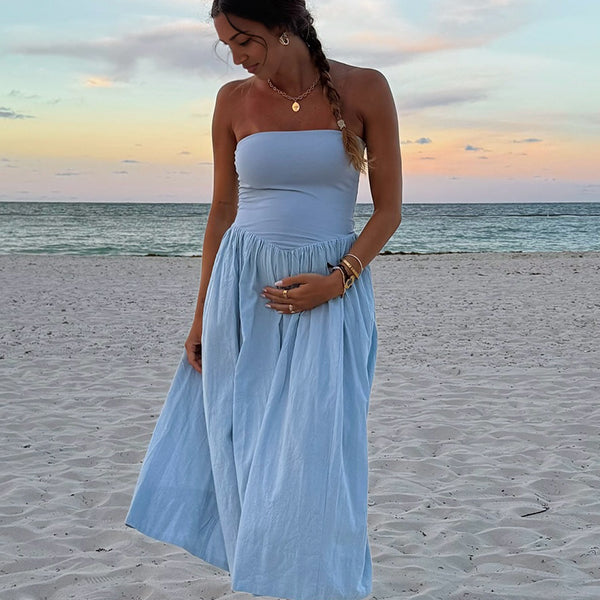 Light Blue Ruched Bodycon Maternity Photoshoot Maxi Dress