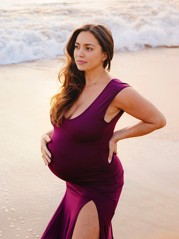 Wine Red Slit V Neck Maternity Photoshoot Maxi Dress