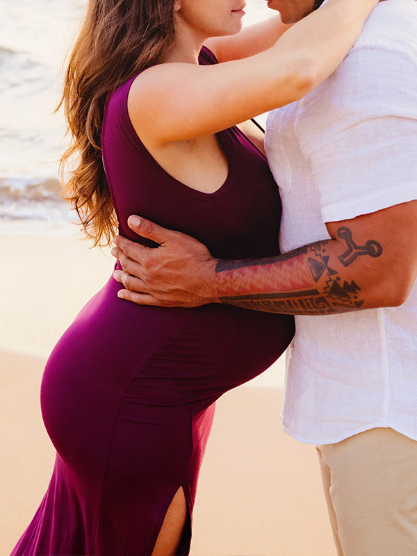 Wine Red Slit V Neck Maternity Photoshoot Maxi Dress