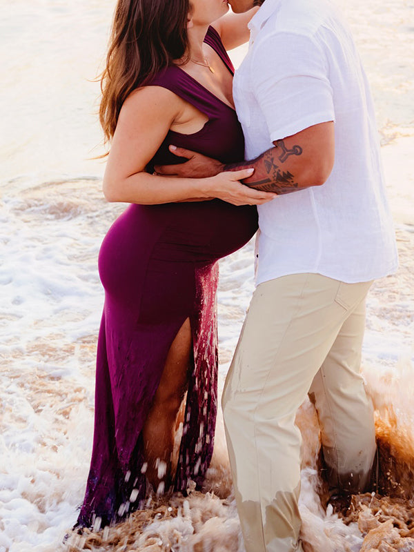 Wine Red Slit V Neck Maternity Photoshoot Maxi Dress