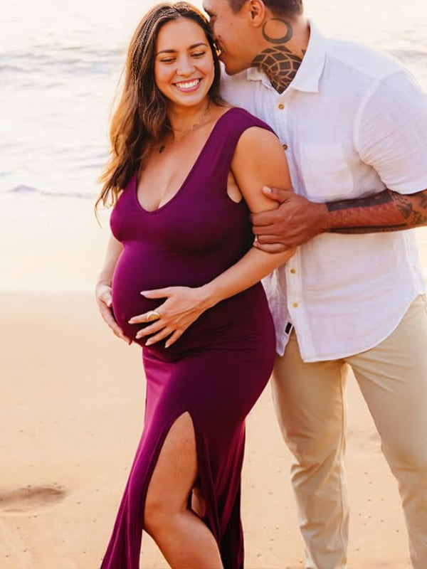 Wine Red Slit V Neck Maternity Photoshoot Maxi Dress