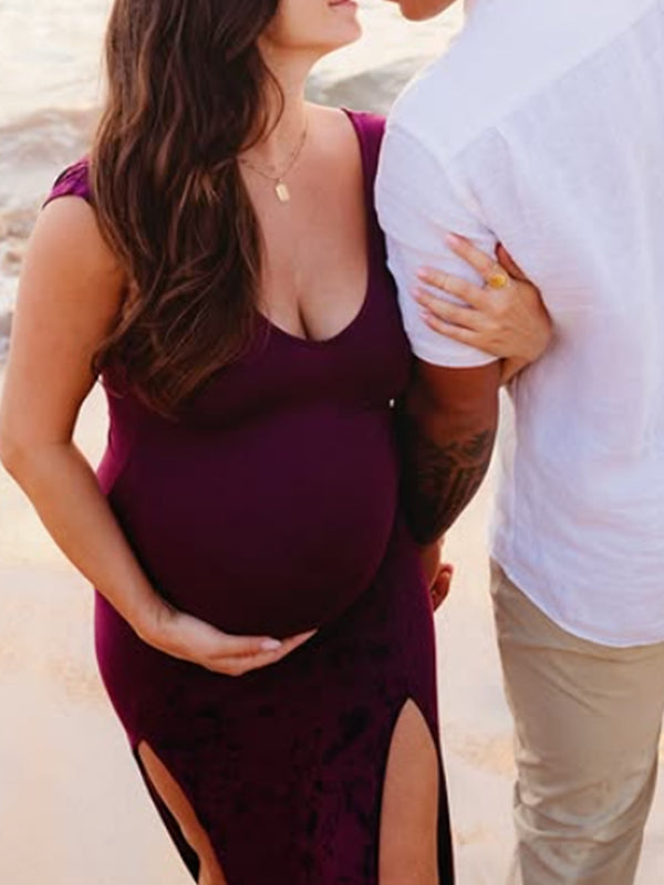 Wine Red Slit V Neck Maternity Photoshoot Maxi Dress