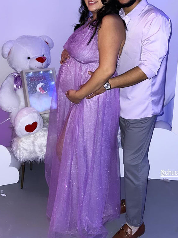 Purple Glitter Grenadine Baby Shower Maternity Maxi Dress