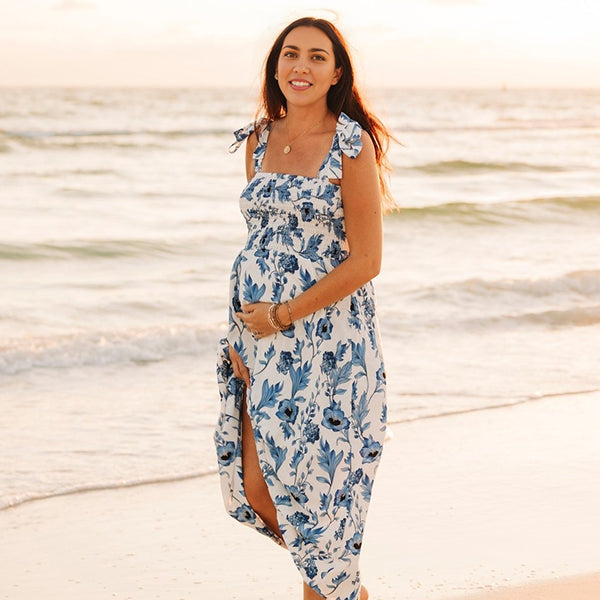 Light Blue Lace-up Stamp Duty Maternity Photoshoot Maxi Dress