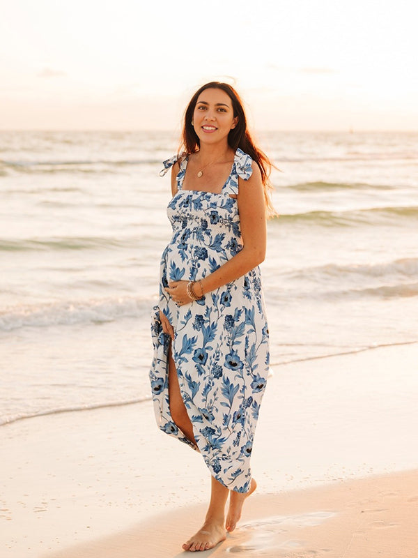 Light Blue Lace-up Stamp Duty Maternity Photoshoot Maxi Dress