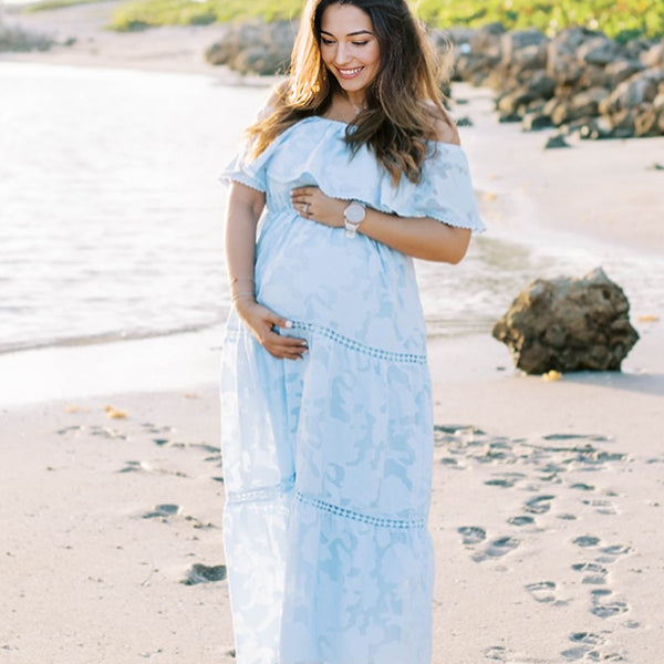Light Blue Off Shoulder Lace Maternity Photoshoot Maxi Dress