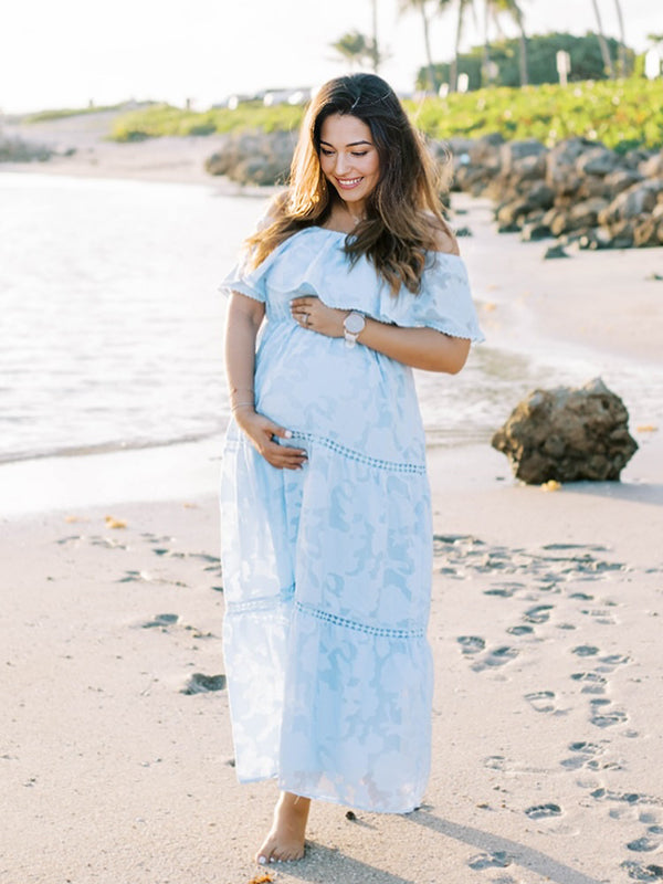 Light Blue Off Shoulder Lace Maternity Photoshoot Maxi Dress