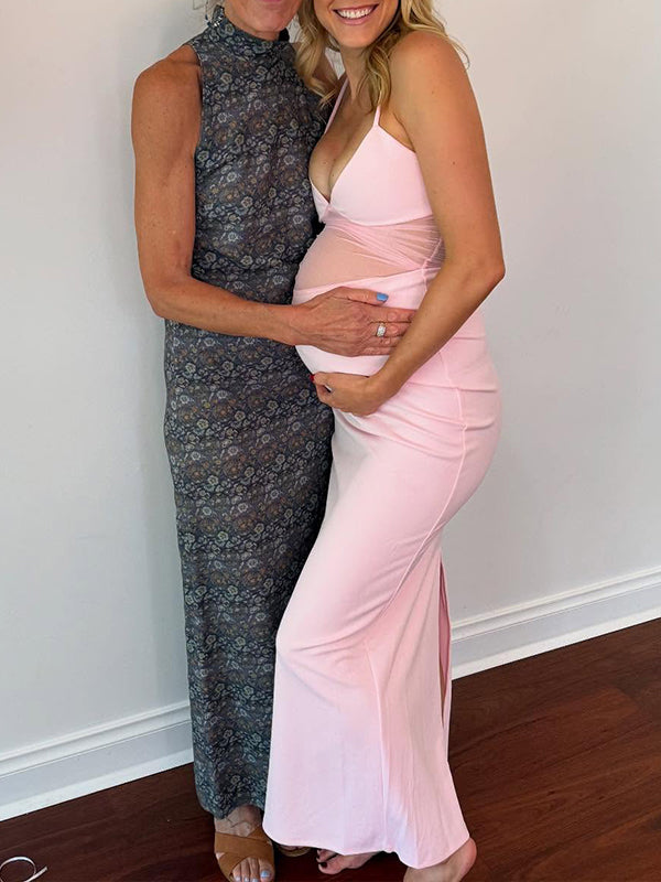 Pink Spaghetti Strap Grenadine Baby Shower Maternity Maxi Dress