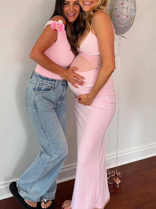 Pink Spaghetti Strap Grenadine Baby Shower Maternity Maxi Dress
