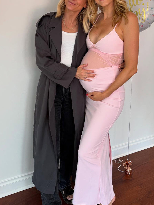 Pink Spaghetti Strap Grenadine Baby Shower Maternity Maxi Dress