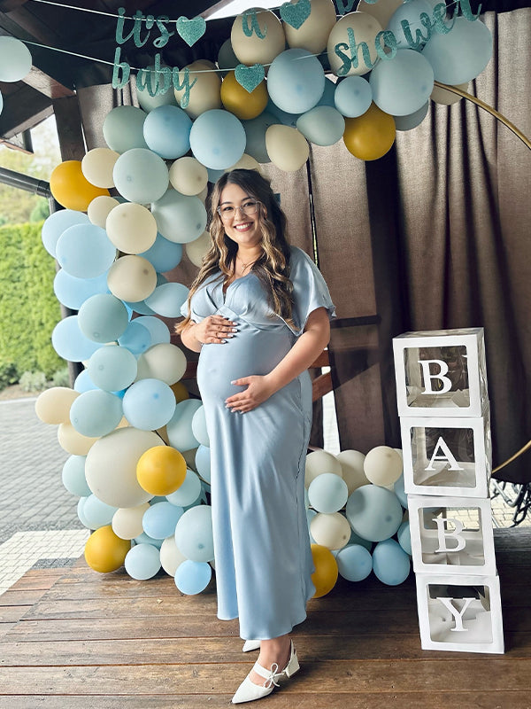Sky Blue V Neck Ruched Baby Shower Maternity Maxi Dress