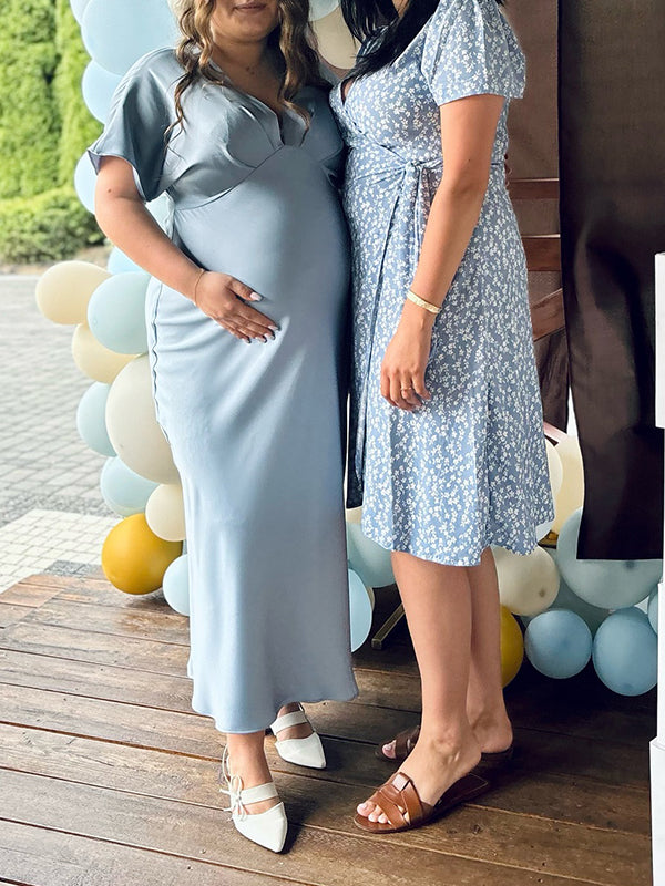 Sky Blue V Neck Ruched Baby Shower Maternity Maxi Dress
