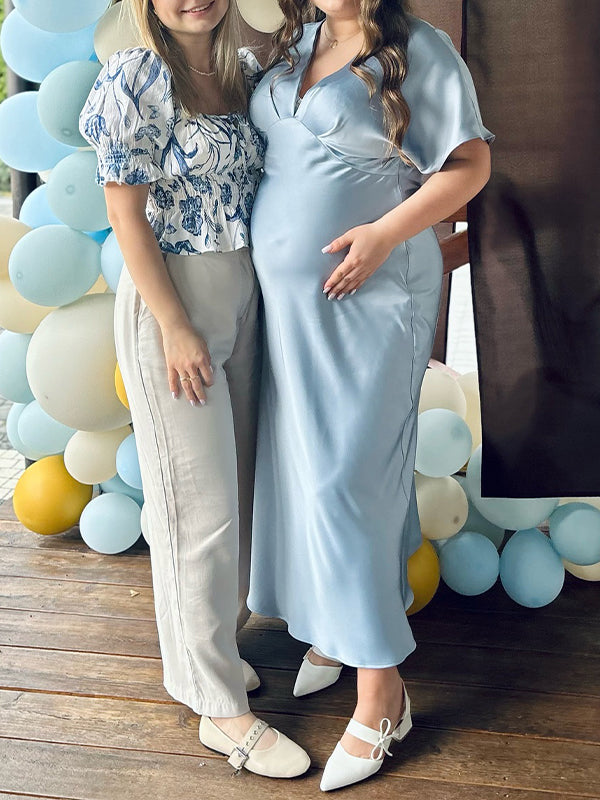 Sky Blue V Neck Ruched Baby Shower Maternity Maxi Dress