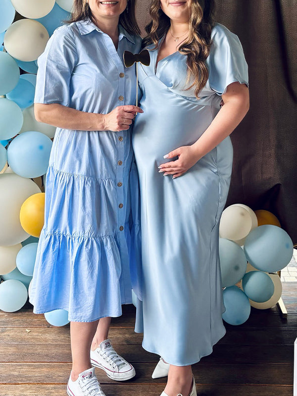 Sky Blue V Neck Ruched Baby Shower Maternity Maxi Dress