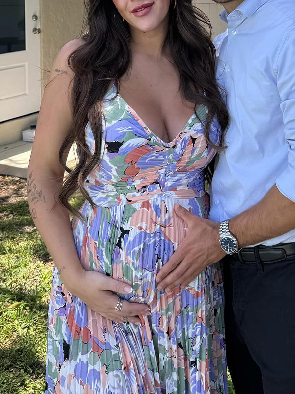 V Neck Spaghetti Strap Stamp Duty Maternity Baby Shower Maxi Dress
