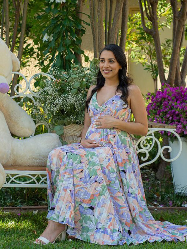 V Neck Spaghetti Strap Stamp Duty Maternity Baby Shower Maxi Dress