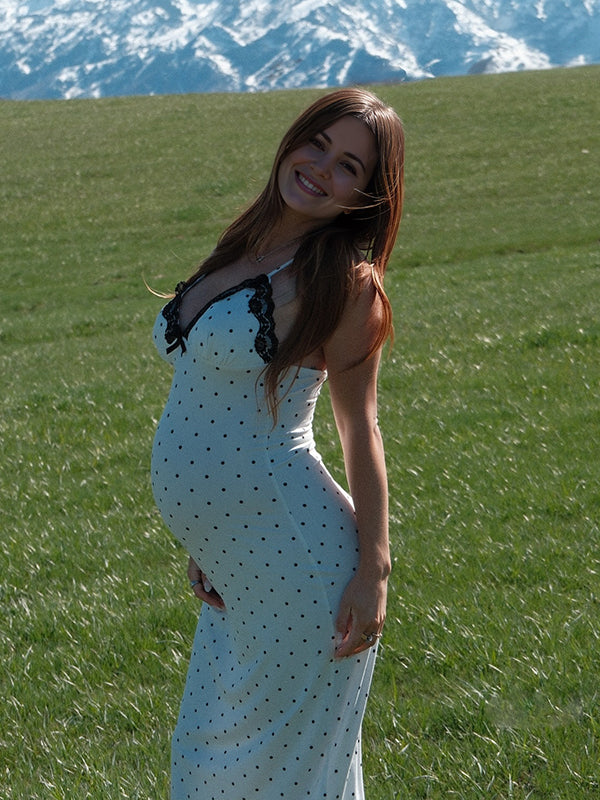 White Spaghetti Strap Polka Dot Lace Maternity Photoshoot Maxi Dress