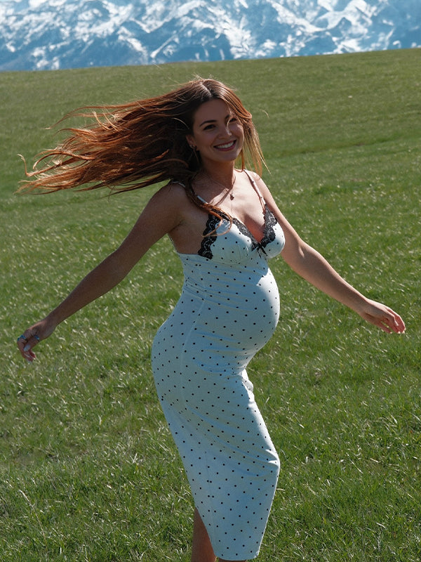White Spaghetti Strap Polka Dot Lace Maternity Photoshoot Maxi Dress