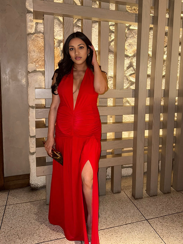 Red Halter Neck Slit Ruched Maternity Photoshoot Maxi Dress