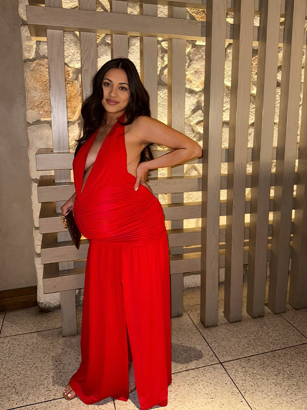 Red Halter Neck Slit Ruched Maternity Photoshoot Maxi Dress