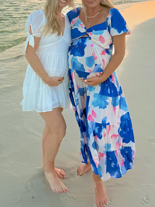 V Neck Strap Stamp Puff Sleeve Maternity Photoshoot Maxi Dress