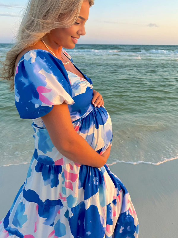 V Neck Strap Stamp Puff Sleeve Maternity Photoshoot Maxi Dress