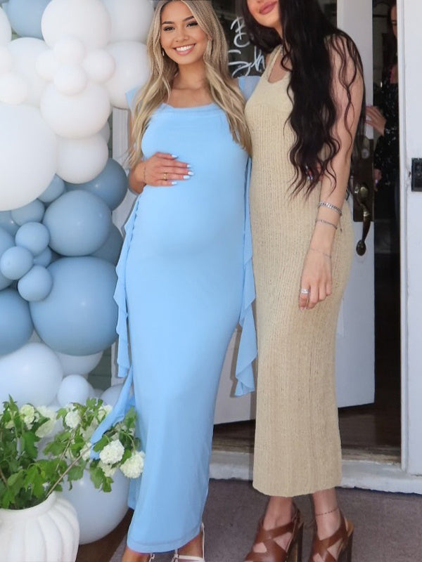 Blue Pennant Open Back Maternity Baby Shower Maxi Dress