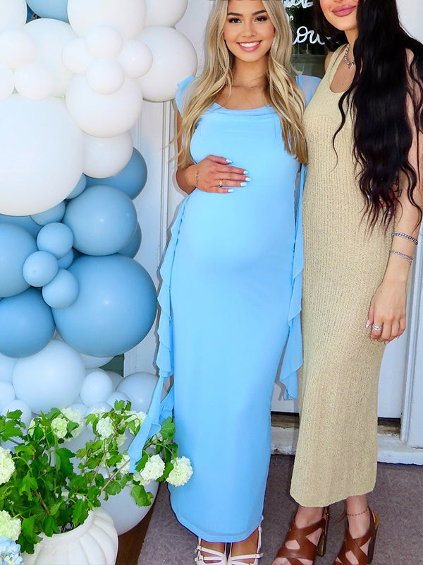 Blue Pennant Open Back Maternity Baby Shower Maxi Dress