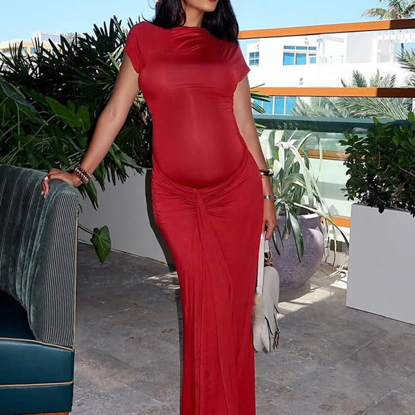 Momsmood Red Ruched Draped Chic Maternity Going Out Maxi Dress