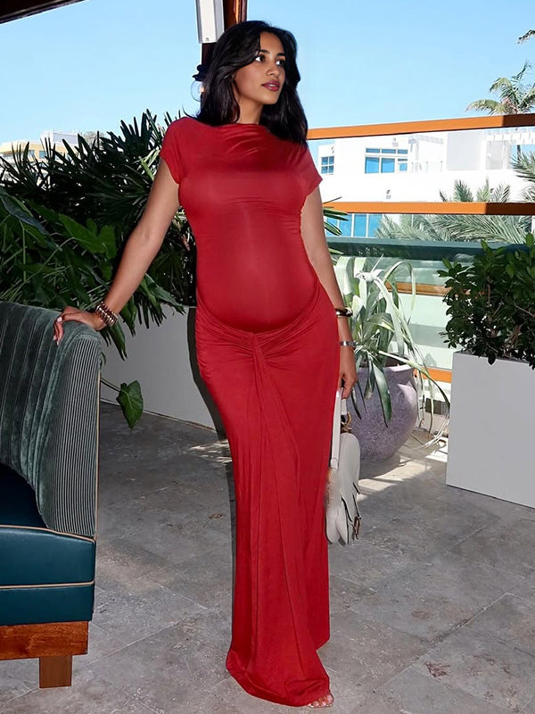 Momsmood Red Ruched Draped Chic Maternity Going Out Maxi Dress