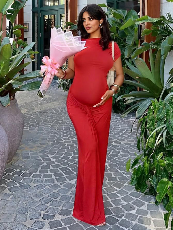 Momsmood Red Ruched Draped Chic Maternity Going Out Maxi Dress