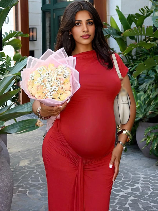 Momsmood Red Ruched Draped Chic Maternity Going Out Maxi Dress