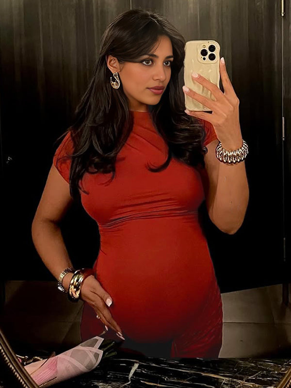 Momsmood Red Ruched Draped Chic Maternity Going Out Maxi Dress