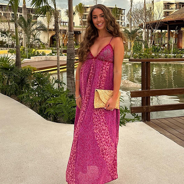 Rose Carmine V Neck Stamp Duty Boho Maternity Photoshoot Maxi Dress
