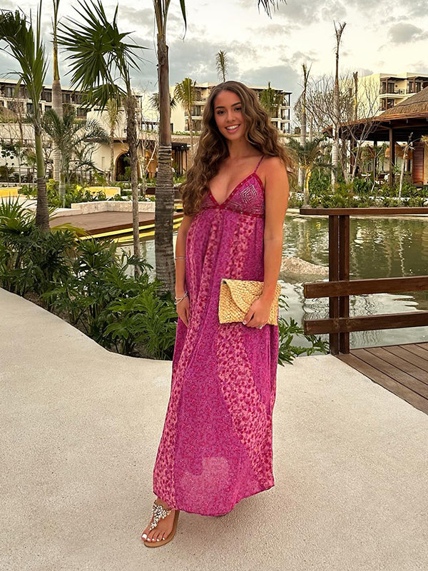 Rose Carmine V Neck Stamp Duty Boho Maternity Photoshoot Maxi Dress