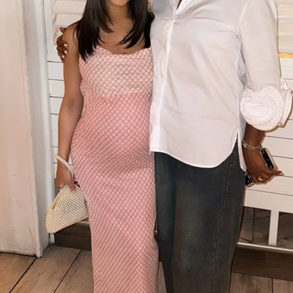 Pink Spaghetti Strap Stamp Duty Maternity Baby Shower Maxi Dress