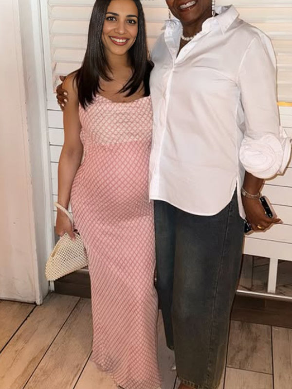 Pink Spaghetti Strap Stamp Duty Maternity Baby Shower Maxi Dress