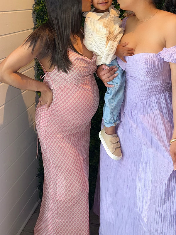 Pink Spaghetti Strap Stamp Duty Maternity Baby Shower Maxi Dress
