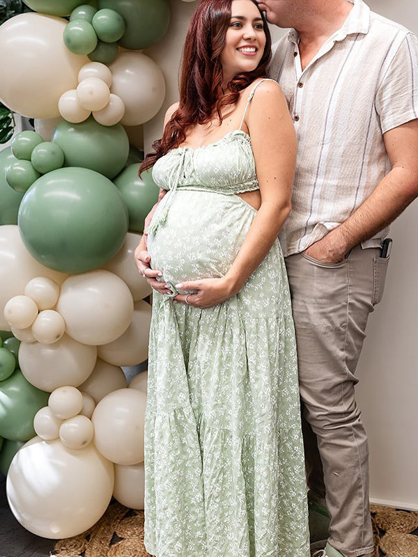 Green Spaghetti Strap Stamp Duty Maternity Photoshoot Maxi Dress