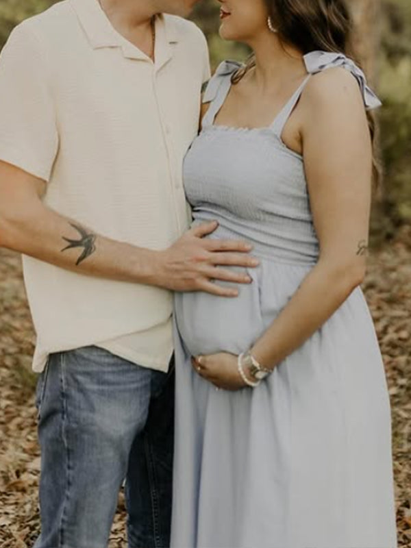 Light Blue Smoked lace-up Falbala Maternity Photoshoot Maxi Dress
